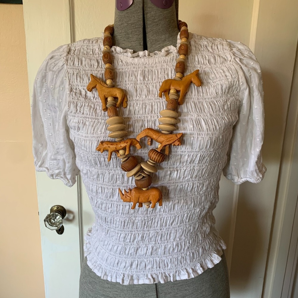 Vintage Hand Carved Wood Safari Animal Bead Necklace Brown Boho Statement